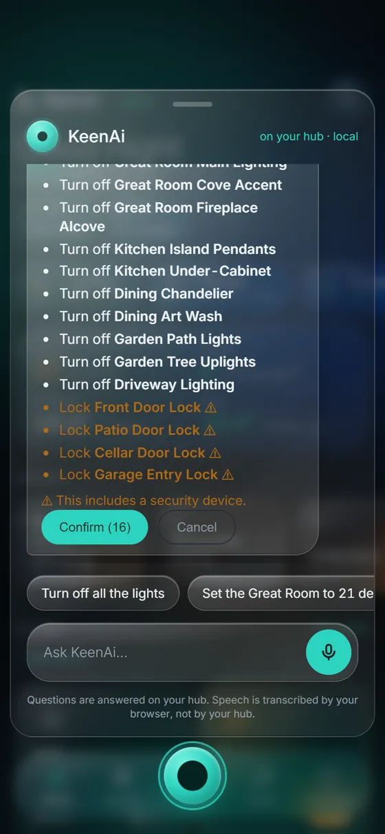 KeenAi assistant plan: turn off the lights and lock four doors, with the locks marked as security devices and a Confirm button