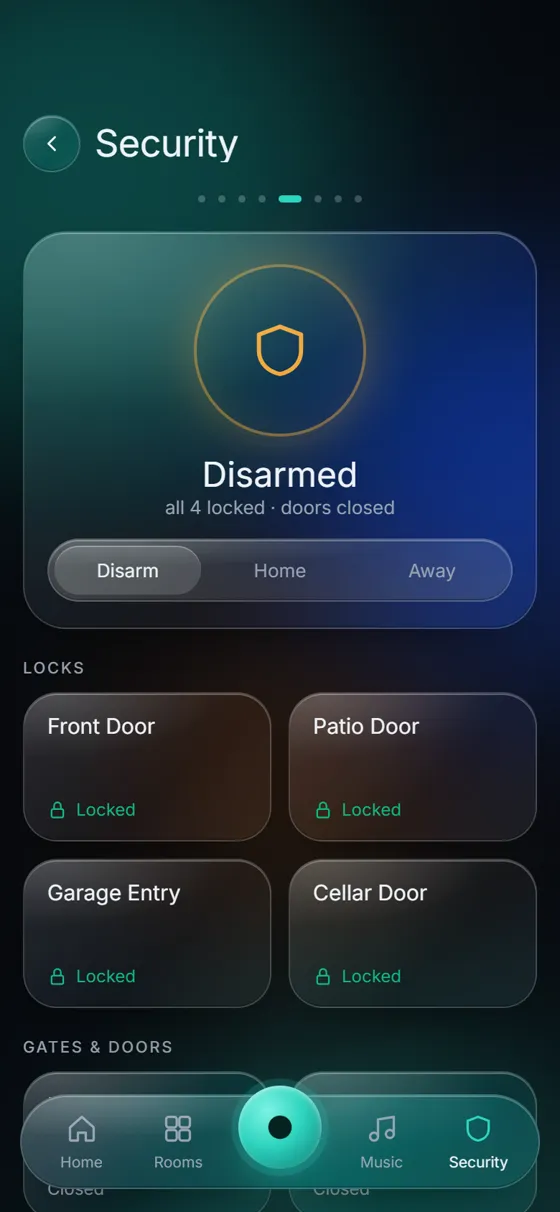 KeenAi One Security screen: disarmed, with all four doors locked