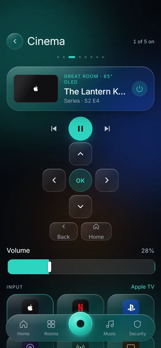 KeenAi One Cinema screen: the Great Room OLED playing a series on Apple TV, with play and pause, a direction pad, back and home buttons, and volume