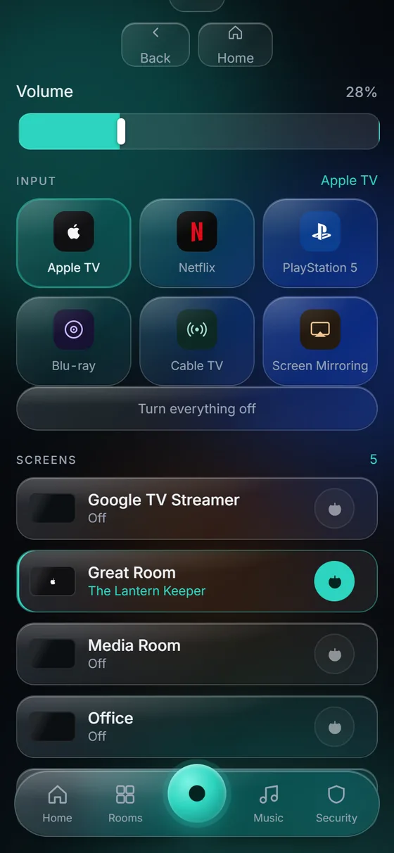 KeenAi One Cinema screen: inputs for Apple TV, Netflix, PlayStation 5, Blu-ray, Cable TV and Screen Mirroring, a Turn everything off button, and five screens with the Great Room playing