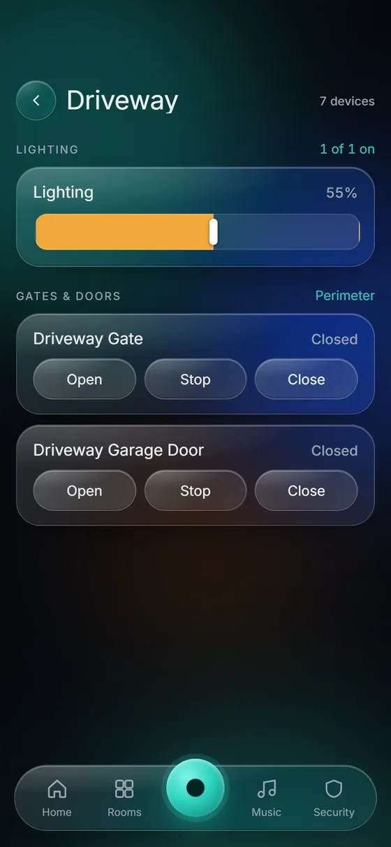 KeenAi One Driveway screen: driveway lighting at 55 percent, and the driveway gate and garage door closed, each with Open, Stop and Close buttons