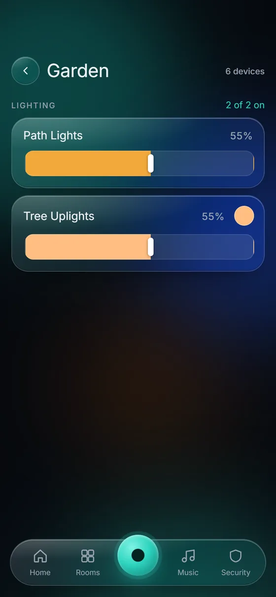 KeenAi One Garden screen: path lights and tree uplights each at 55 percent