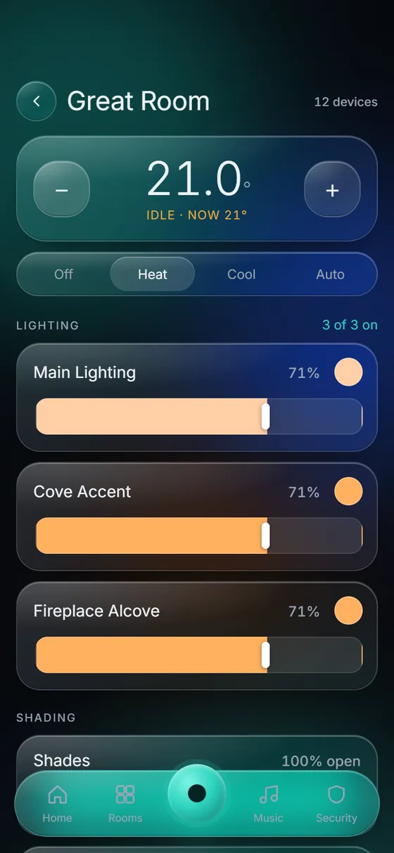 KeenAi One Great Room screen: thermostat at 21 degrees in heat mode with Off, Heat, Cool and Auto buttons, above three lighting zones