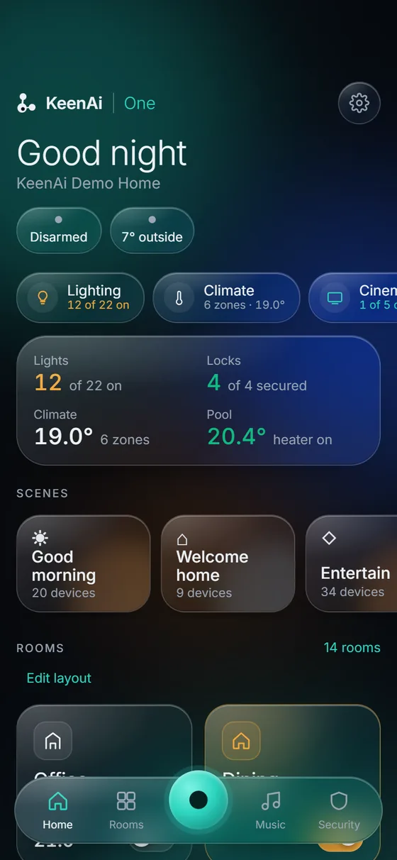 KeenAi One Home screen: the house disarmed and 7 degrees outside, 12 of 22 lights on, 4 of 4 locks secured, six climate zones, and scenes including Good morning, Welcome home and Entertain