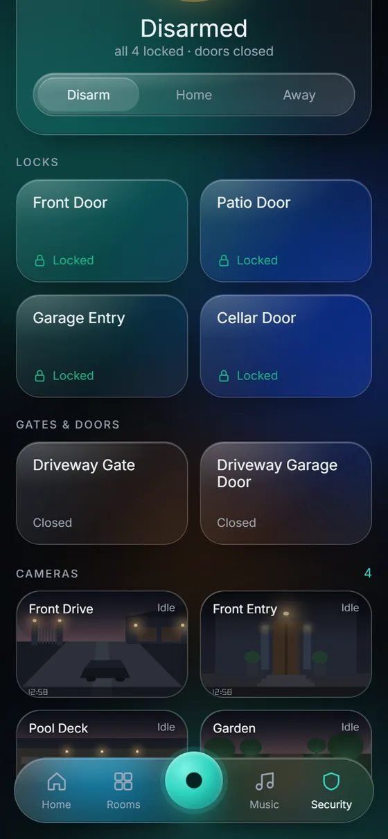 KeenAi One Security screen: disarmed with all four doors locked, the driveway gate and garage door closed, and four cameras