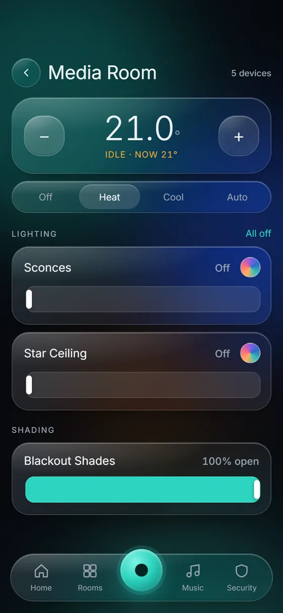 KeenAi One Media Room screen: room temperature 21 degrees in heat mode, sconces and star ceiling lighting, and blackout shades fully open