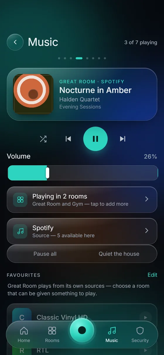 KeenAi One Music screen: the Great Room playing an album on Spotify, playing in two rooms, with volume, Pause all and Quiet the house