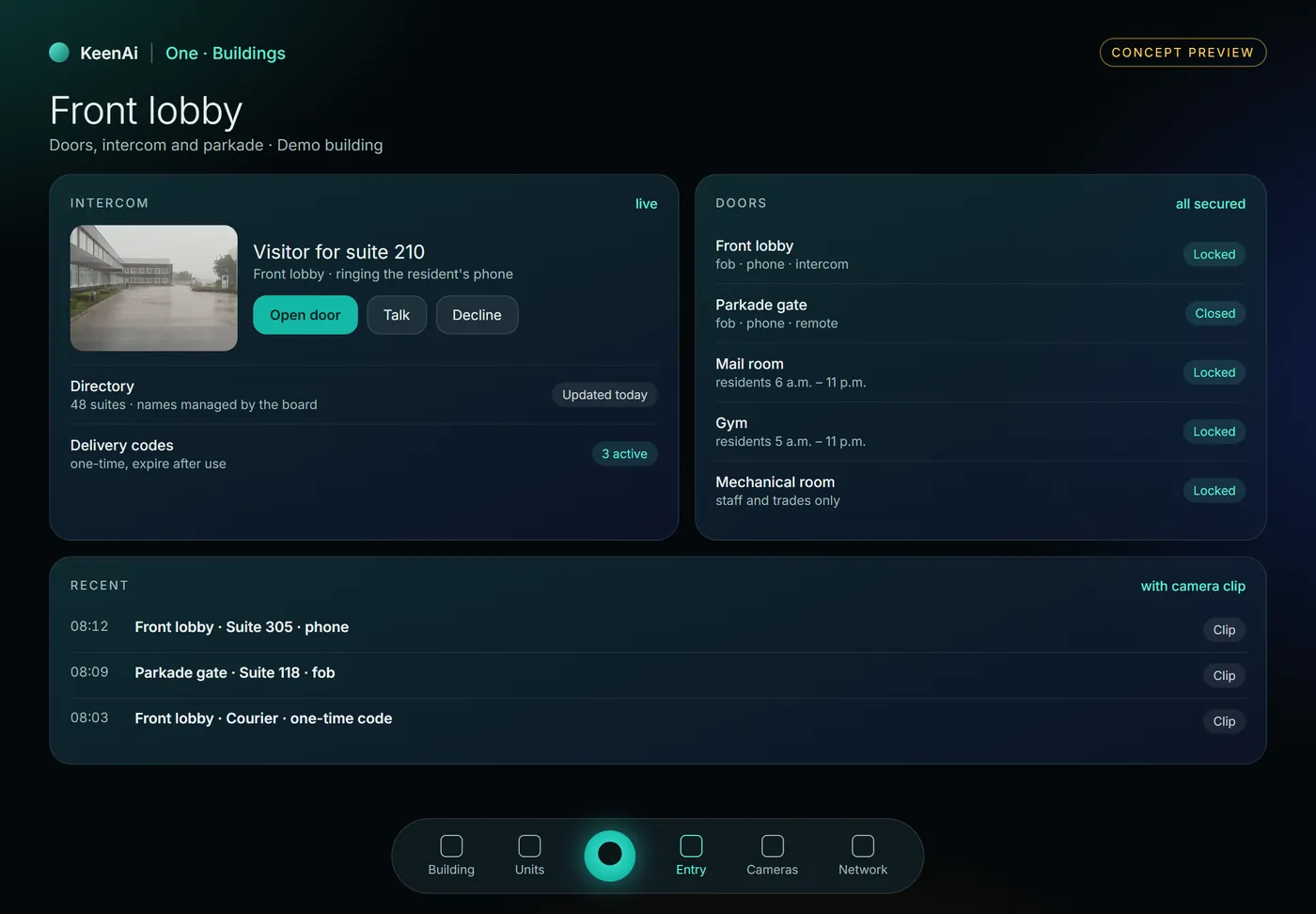 Concept screen of KeenAi One for buildings: a live intercom call from a visitor for suite 210 with open, talk and decline buttons, five doors and their schedules, and recent entries each linked to a camera clip