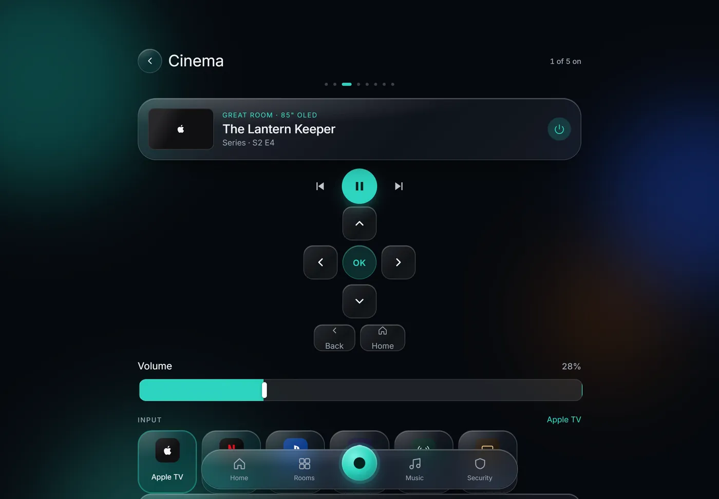 KeenAi One in wall-panel layout: the Cinema screen with what is playing in the Great Room, play and pause, a direction pad and volume