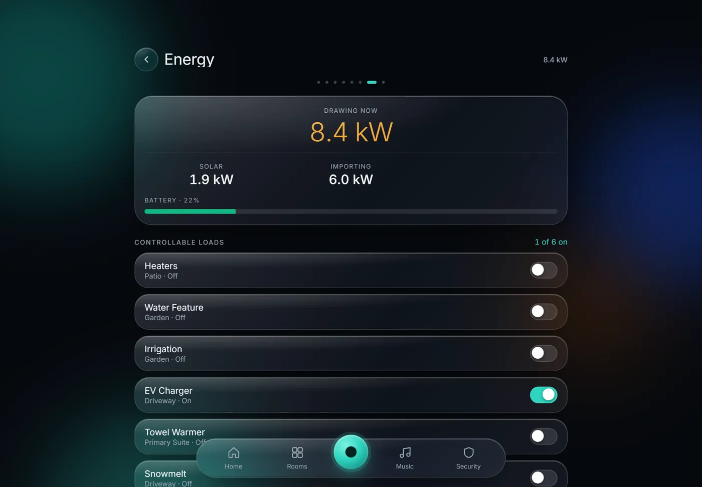 KeenAi One in wall-panel layout: the Energy screen with 8.4 kilowatts drawn, solar and import figures, the battery level and a list of controllable loads including heaters, irrigation, the EV charger and snowmelt