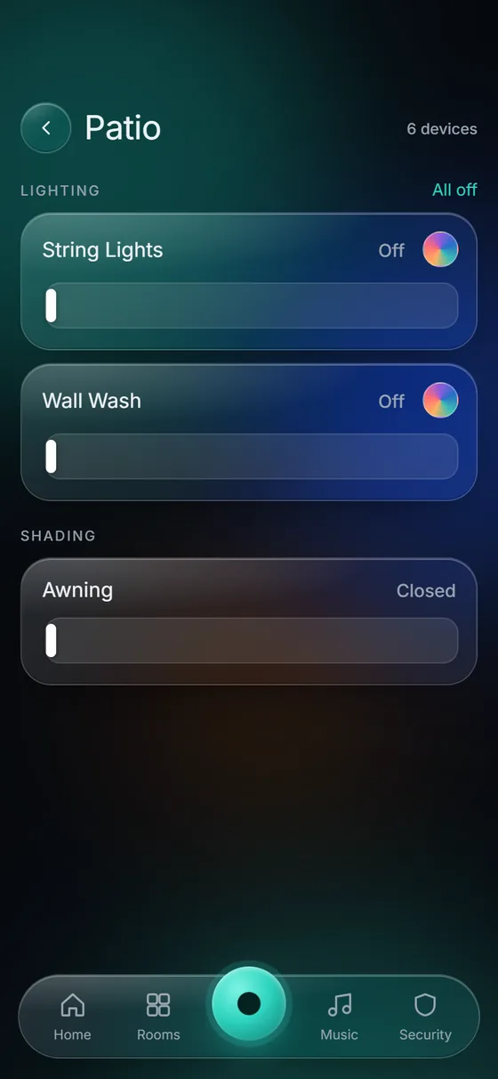 KeenAi One Patio screen: string lights and wall wash lighting, and the patio awning