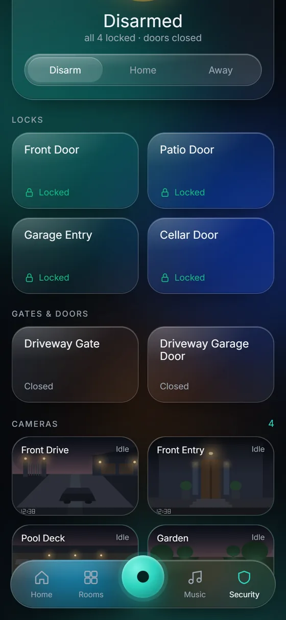 KeenAi One Security screen: four locked doors, the driveway gate and garage door closed, and four camera views: front drive, front entry, pool deck and garden