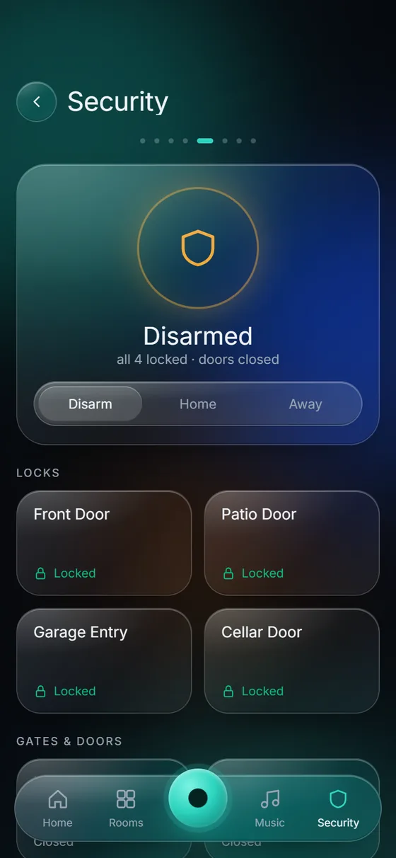 KeenAi One Security screen: Disarmed, all four locked and doors closed, with Disarm, Home and Away modes and four locked doors: Front Door, Patio Door, Garage Entry and Cellar Door